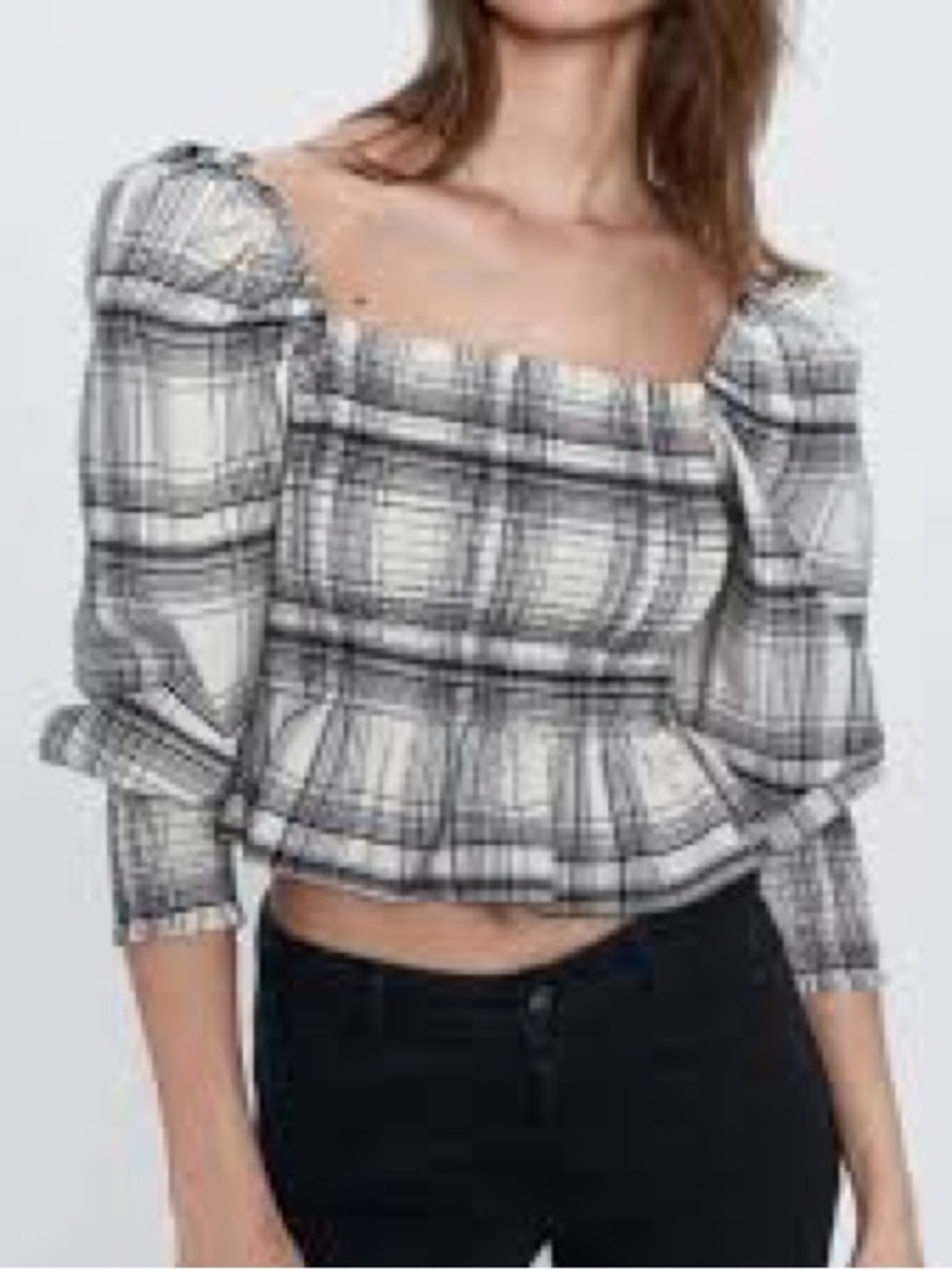 Zara Black & White Plaid Square-Neck Puff Sleeve Top Size XS